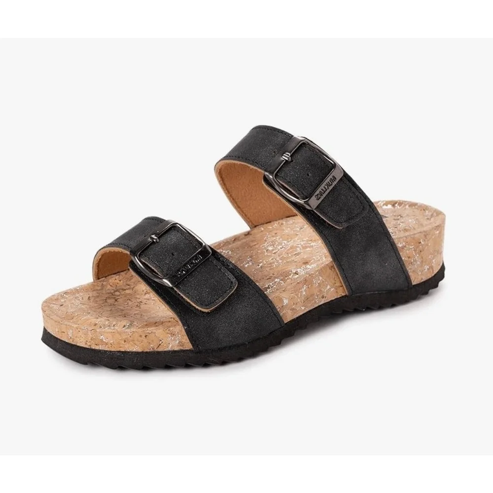 NEW Muk Luks Women's Adjustable Buckle Slide Sandals Black Cork Size 6 - Picture 2 of 11